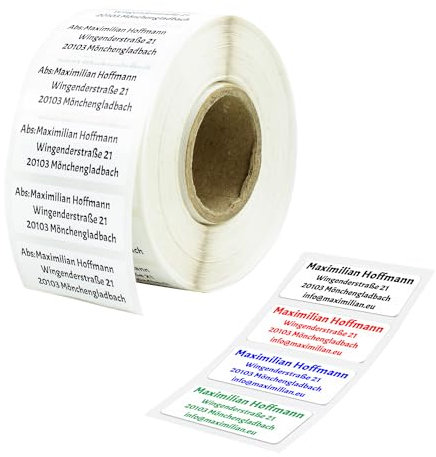 GoodMarkt selbstklebende personalisierte Adressetiketten | 48x18 mm, ab 125 Labels/Rolle, weißer Kunststoff | wasserfestes und reißfestes Adressaufkleber | Namensaufkleber für Briefe, Schulsachen