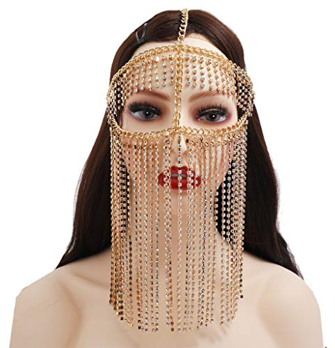 COSSIKA Voile de chaîne en Faux cristal, masque de mascarade, voile de visage, bijoux de danse du ventre, bandeau