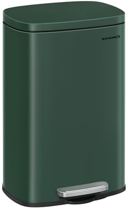 SONGMICS Kitchen Bin 13 Gallon (50 L), Pedal Rubbish Bin, Soft Close, Step-On Pedal, Steel, Inner Bucket, Retro Green LTB050C02