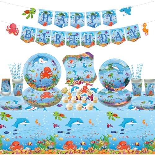 Sotto il mare, decorazione per feste di compleanno, sotto il mare, accessori per feste, piatti, tazze tovaglioli, tovaglia Happy Birthday, striscioni per decorazioni di compleanno subacquee
