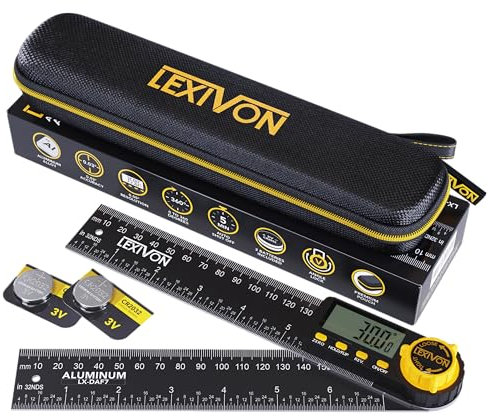 LEXIVON Rapporteur d'angle Numerique, Fausse Equerre Numerique en Aluminium, Jauge d'angle Multifonction de 180 mm, avec Grand Écran et Pochette Zippée Robuste (LX-DAF7)