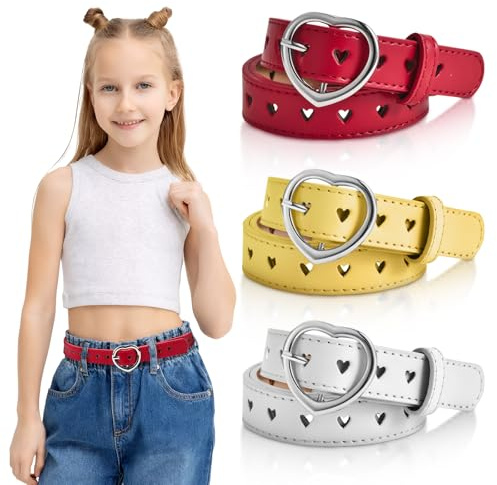 Ertlutw Heart PU Leather Belt for Kids - Elastic Stretchy Girls' Belt with Cute Design for Jeans, Dresses, Jumpsuits and Trousers (3pcs)