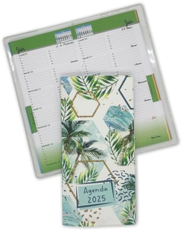 Nemau - Agenda de Poche 2025 Semainier - Format 9x18 cm - Petit Agenda de Janvier à Décembre 2025 - Fabrication Française - Couverture en Gomme Expansée - Modèle Hexagone Tropical