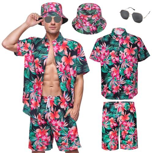 Raveparty Chemise hawaïenne pour homme, costume hawaïen, chapeau, t-shirt d'été et short, lunettes de soleil, chemise de plage, manches courtes, décontracté, Style A, XXL