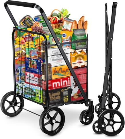 Borstom Carro de Compra Plegable Negro, Chasis de Aluminio Ligero, Carrito de Compra Plegable con Ruedas 360°, Carrito Compra con Capacidad 128kg, Carro de Mercado Grande para Usos Múltiples