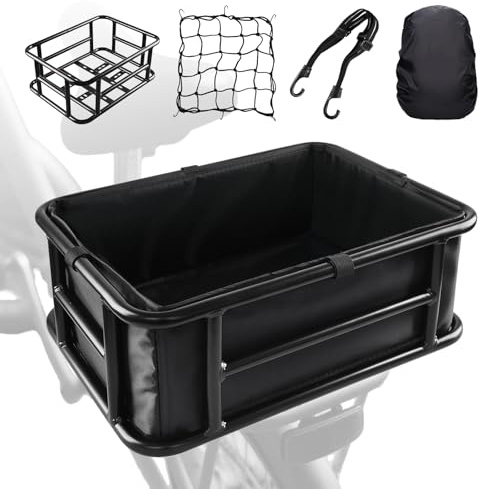 Rear Bike Basket, Large Bicycle Rear Basket with Liner, Cargo Net and Waterproof Cover, Bike Baskets Rear Bike Back Baskets Bicycle Baskets (16.6 * 12.6 * 6.7)