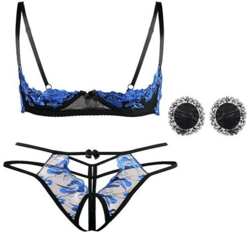 HOTSO Set di Lingerie da Donna, Biancheria Intima in Pizzo e Mesh con Fiori, Sexy Babydoll 2 Pezzi con Reggiseno Demi Mezza Coppa Ricamato Push Up, Set di Lingerie con Bretelle Regolabili e Slip