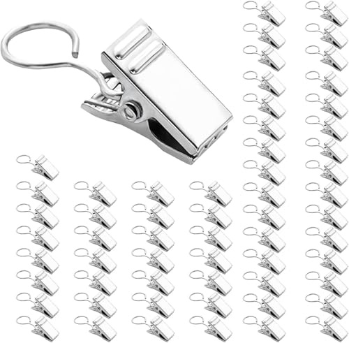 Curtain Clips，Metal Curtain Hooks, DWUENT Stainless Steel Curtain Rings with Crocodile Clamps, Multi-Color Hooks for Shower Curtains, Home Decor（50PCS）