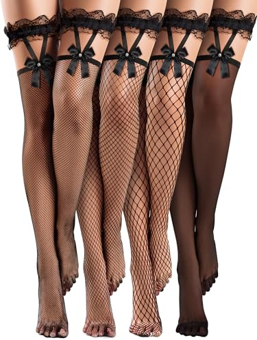 Fourluoo 4 Pairs Fishnet Thigh High Stocking Lace Top Bow Suspenders Hold Up Sheer over Knee Stocking Women Sexy Tight(Black,Small)