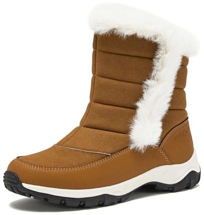 Lands' End Expedition Slip On Insulated Waterproof Winter Boots for Women, Puffer Fur Trimmed Hook & Loop Womens Boots, Medium or Wide Width Sizes 6 to 11, Black, Brown or White - Tan, 8.5 Wide