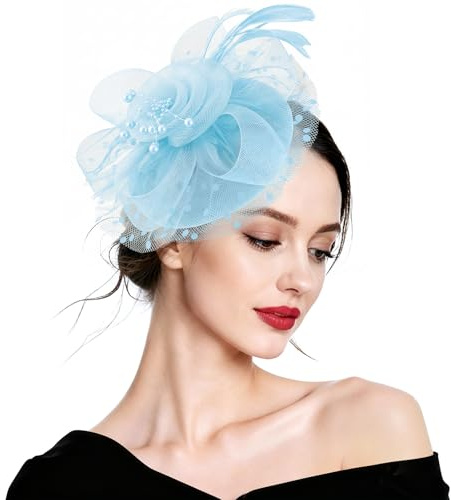DRESHOW Fascinators Hatt Blomma Mesh Fjädrar på Pannband och Gaffel Clip Cocktail Teparty Huvudbonad för Flickor Kvinnor