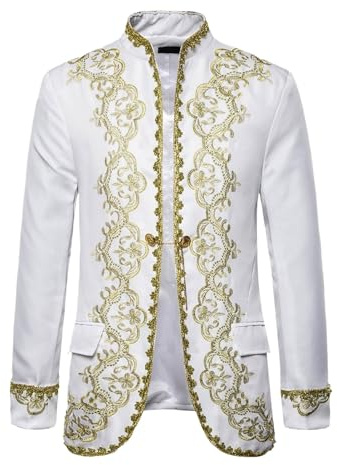 Mymyguoe Chaqueta de traje con bordado dorado para hombre, corte medieval, noble, blazer, príncipe real, disfraz de Halloween, chaqueta de traje, chaqueta de traje de príncipe dorado, disfraz