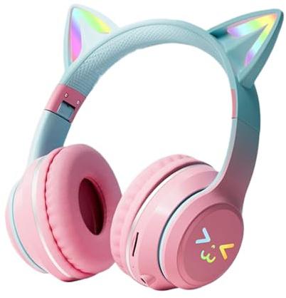 Cuffie wireless a forma di orecchie di gatto, pieghevoli per bambini, colore sfumato, audio indossabile, con luce LED, dispositivo di intrattenimento per ascoltare la casa e la scuola