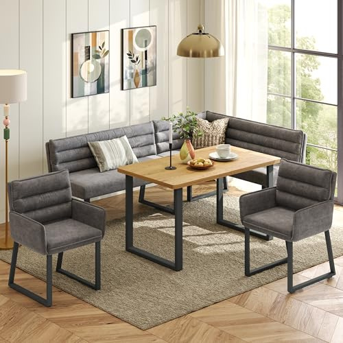 Dolamaní Set panca angolare per 8 persone con tavolo da pranzo, panca angolare a forma di L, 2 sedie, tessuto ciniglia, per sala da pranzo, panchina da cucina, zona pranzo (grigio + legno)