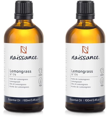 Naissance Olio Essenziale di Lemongrass (Flexuosus) (n. 174) 200ml (2x100ml) - Puro, Naturale, Distillato a Vapore, Privo di Crudeltà, Vegano e Non Diluito - Per l'uso in Aromaterapia e Diffusori