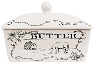 Creative Co-Op Country Stoneware Butter Dish with Lid, Spread the Love Message, and Farm Line Drawing, White and Black, Food, Microwave, and Dishwasher Safe