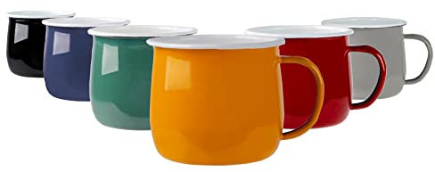 Argon Tableware Coloured Coffee Mugs - 375ml - Pack of 6 - Multicoloured Metal Insulated Enamel Mugs Lightweight Camping Belly Latte Mug Hot Chocolate Mug