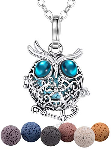 EUDORA Collana con diffusore di oli essenziali per aromaterapia per donne ragazze, ciondolo medaglione con gufo saggio placcato argento con catena da 24 pollici e 7 perle di lava