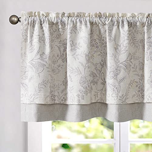 TOPICK Leinen Scheibengardinen 1er Pack Blumen Blickdicht Küchengardinen 125H x 45B(cm) Frühling Landhausstil Gardinen Verdunkelnd Vorhänge Kurz Bistrogardine Volant Wohnzimmer Fenster Grau auf Beige