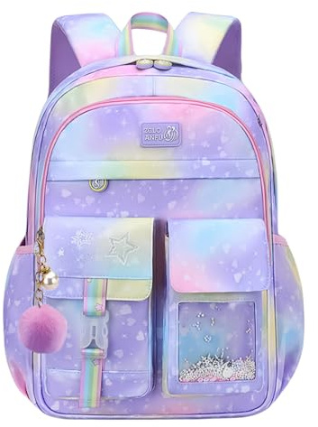 Bansusu Primary Girls Backpacks Gradient Heart-Star, Elementary School Bags Bookbags for Girls, Gradient Purple-Large