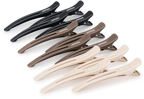 AIMIKE Professionella hårklämmor för stylingsektioner, 12 st halkfria anka fakturerade hårklämmor med silikonband, salong och hem hårklippningsklämmor för frisör, kvinnor, män – 10,9 cm lång