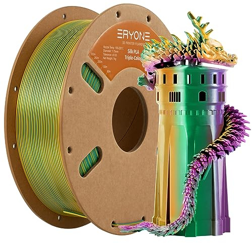 ERYONE Dreifarbiges Seiden PLA Filament 1.75mm,Seidiges Mehrfarbiges PLA-Filament für 3D-Drucker +/- 0,03 mm,Co-Extrusion Seiden PLA Filament 1 kg/Spule, Dark Grün& Lila& Gelb