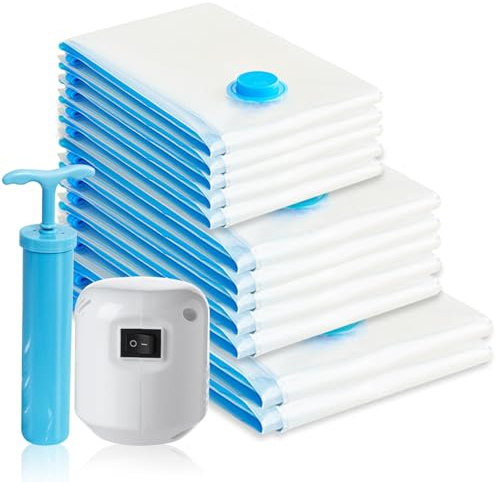Geoyien - Bolsa de almacenamiento al vacío, con bomba de vacío eléctrica y manual, 12 unidades, para ropa, edredones (3 tamaños)