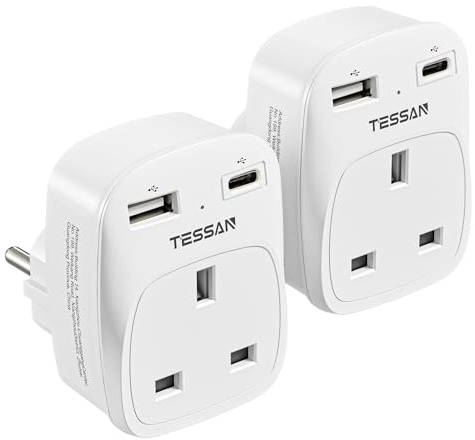 TESSAN UK to European Plug Adapter, EU Travel Adapter with USB C White