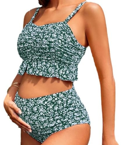 KINLYBO Bikini de maternidad de cintura alta, 2 piezas, estampado vitality, traje de baño de bikini doblado, verde, XL
