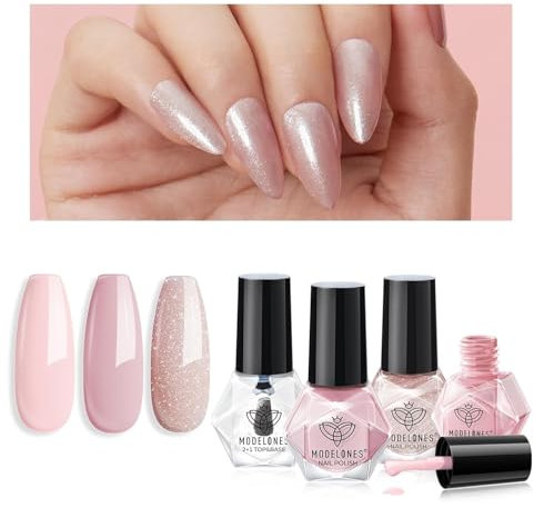 MODELONES Smalto Unghie, Set Smalto per Unghie Asciugatura Rapida Glitter Nude Rosa 3 Colori, con Base, Top Coat e Nail Polish Remover Cleansing Pads, Regalo per Donne e Ragazze