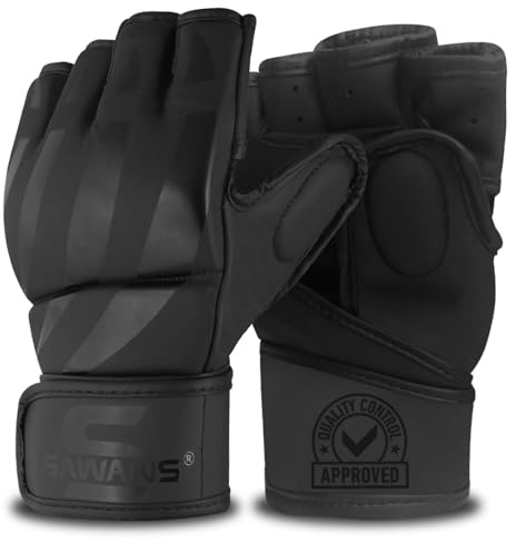 SAWANS MMA Gloves Boxing Training Sparring Fight Grappling Mitts Martial Arts Open Palm faux leather for Kickboxing Punching Bag Muay Thai Cage Fighting (Black, M)