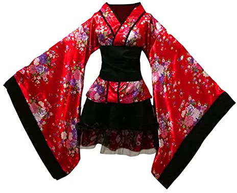 Baoblaze Kimono Corto Floreale Giapponese Abito con Scollo a V Vestito Operato Da Cosplay per Abbigliamento Casual Quotidiano Comode Uniformi Fotografiche, Rosso, XXL