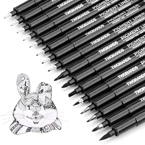 TWOHANDS Schwarz Fineliner Stifte, Kalligraphie Stifte Set, Pigment Liner Set, Wasserfest, Schwarze Filzstiften für Künstler, Illustration, Skizzen, Technisches Zeichnen, 16 Stück, 21274