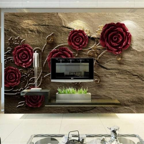 Roses Rouges Gaufrées Feuilles D'Or Grès Papier Peint 3D Intissé Tapisserie Bureau Salon Canapé Chambre Fond Décoration Murale-150cm×105cm