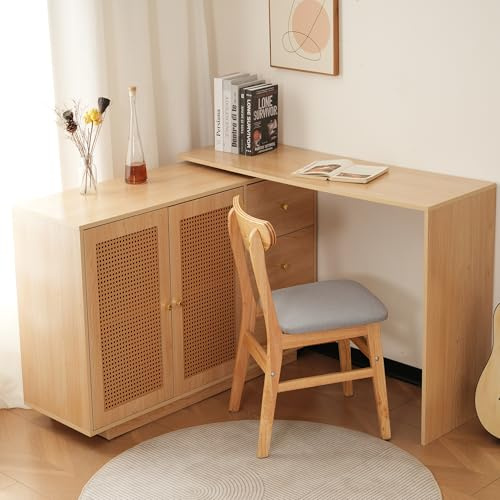 YuQozii Escritorio en forma de L de esquina, mesa de ordenador con puertas de ratán, tocador blanco, 126 cm