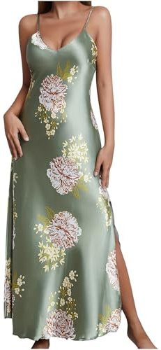 Mrat Satin Nightdresses for Women UK Sexy Spaghetti Strap Chemise Silk Nighties Full Slips Sleepwear Lingerie Floral Print Soft Ladies Night Dress Nighty V Neck Negligees Pyjamas Nightwear Nightgown