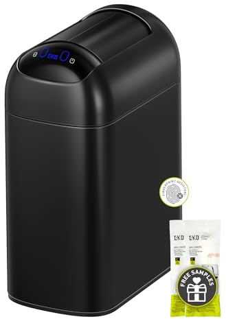 EKO Astro Slim Sensor Trash Can, 10L / 2.6 Gallon Touchless Garbage Bin with Soft-Close Retractable Wing Lid, Motion Sensor Stainless Steel Trash Can for Bathroom and Office, Waterproof, Black