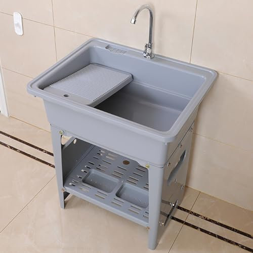 Évier à linge utilitaire avec robinet – Lavabo autoportant en plastique pour buanderie, jardin ou garage