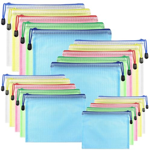 20PCS Pochette Document Zippée A3,A4,A5,A6,Pochette Zippée 5 Couleurs PVC Transparentes Document Dossier,Pochette Fermeture,Mesh Zipper Pouch pour Voyage,pour Bureau,Voyage, Fournitures