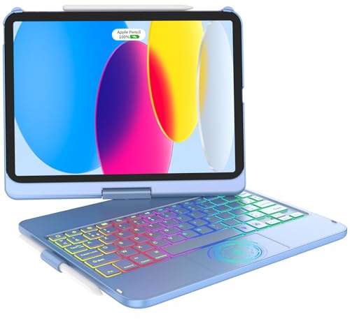 KARFUN Clavier pour iPad 10/11 Ème Generation (10,9 2022/11 A16 2025), Housse de Protection Rotative à 360° avec Porte-Stylet, étui avec Clavier Trackpad Rétro-éclairé, Français AZERTY (Bleu océan)