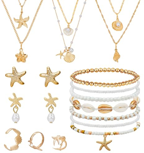 NICENEEDED 20 PCS Ensemble de Bijoux Coquillage et Étoile de Mer Boucles D'Oreilles Coquillage Bagues Collier Plusieurs Rangs de Breloques Ensemble de Bracelets de Cheville et Bracelets de Plage D'Été