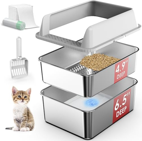 Stainless Steel Litter Box with Lid, Sifting Litter Box for Pine Pellets, 17.3”×13.4 ”×12” Enclosed Metal Litter Boxes for Small Cats & Kittens, High Sided Anti-Leakage, Easy Cleaning, Less Tracking