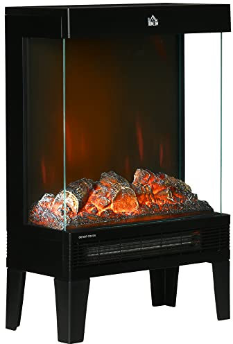 HOMCOM 180° Charming Electric Fireplace Heater, Quiet Freestanding Stove with LED Flame Effect, Level-less Temperature Control, Overheating Protection, 1000W/2000W, Black