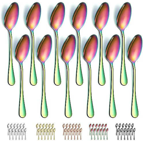 Evanda Rainbow Dinner Spoons 12 Pieces, Rainbow Titanium Plating Stainless Steel 18.5cm Spoons, Dessert Spoons, Table Spoon, Soup Spoons, Easy To Clean, Dishwasher Safe, EV.1010DS.C12