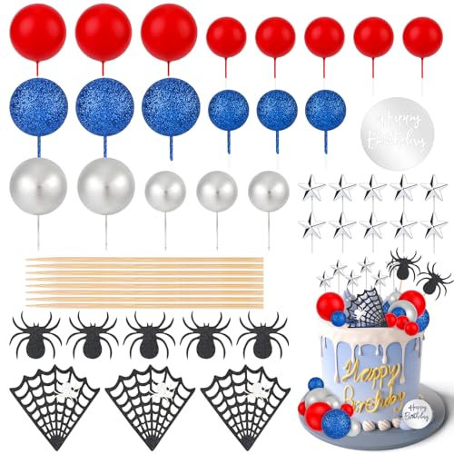 38pcs Spider Theme Cake Topper, Spider Cake Topper Spider Web Balls Happy Birthday Cake Decorations for Cake Cupcake Baby Shower Boys Men Party Favor Supplies