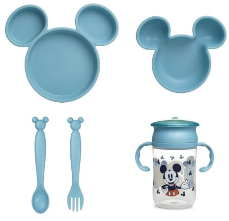 Disney Mickey Kindergeschirr-Set – unterteilter Teller – Schüssel – Löffel – Gabel und Tasse 360° – lustiges und praktisches Design für Baby-Mahlzeiten
