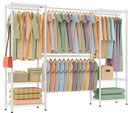 Himimi Heavy Duty Extendable Clothes Rail, 35×(182-240)×180 cm, Open Metal Wardrobe Organiser with 4 Hanging Rods & 6 Adjustable Shelves, Telescopic Garment Rack Walk in Wardrobe Storage System, White