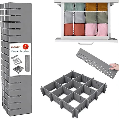 WJWSKI Drawer Dividers 8 Pack,42x9cm Adjustable Drawer Organiser,Drawers Separators for Clothes,Makeup,Socks,Kitchen Utensils and Office Storage,DIY Cut at Will,Grey
