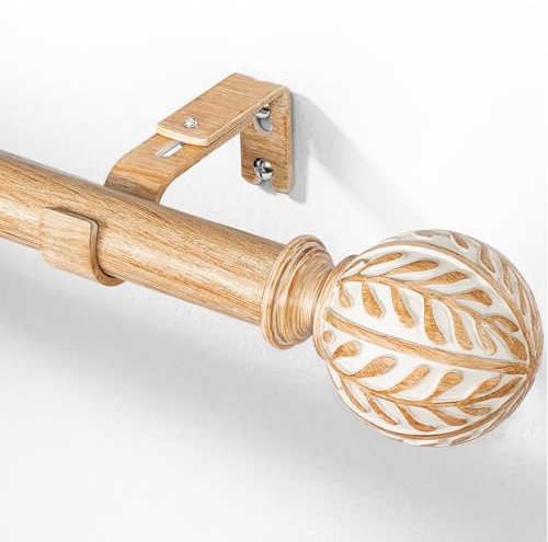DEFYNEE Ausziehbare Gardinenstange in Holzoptik 76-219 cm | Ø 25 mm Metallkern in Holzoptik | Mit Blattmuster-Endstücken für Fenster & Türen, Braun