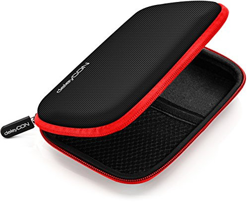 deleyCON Festplattentasche Festplatten Case HDD Case - Für 2,5 Zoll Festplatten und SSD - Robust & Stoßsicher - 2 Innenfächer Netztaschen - Schwarz/Rot